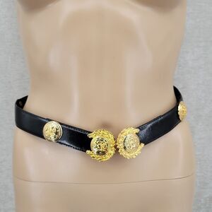 Black Leather Belt with Gold Toned Crest Medallions Conchos
